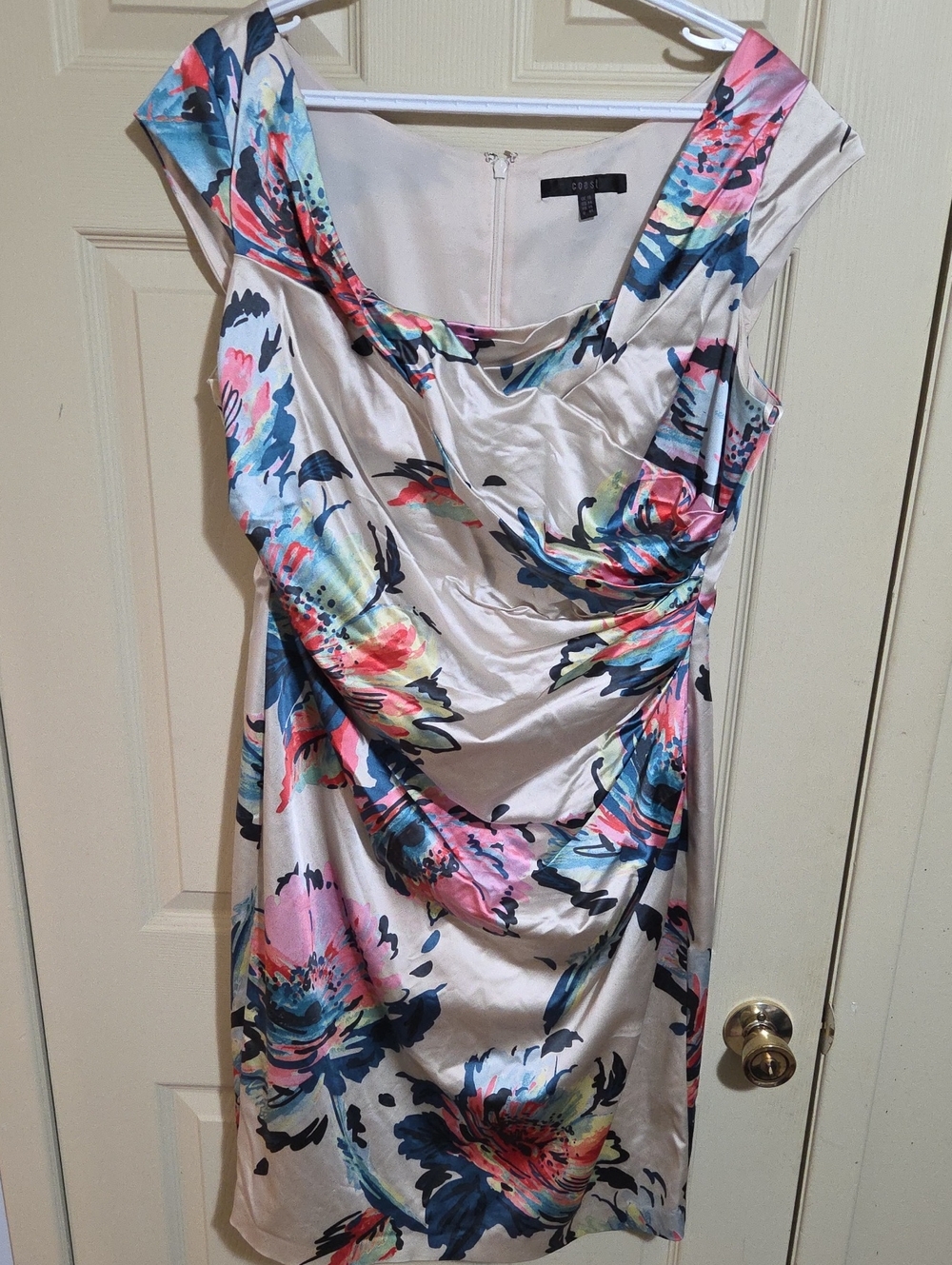 COAST Floral Satin Midi Dress in Cream, Blue, Pink